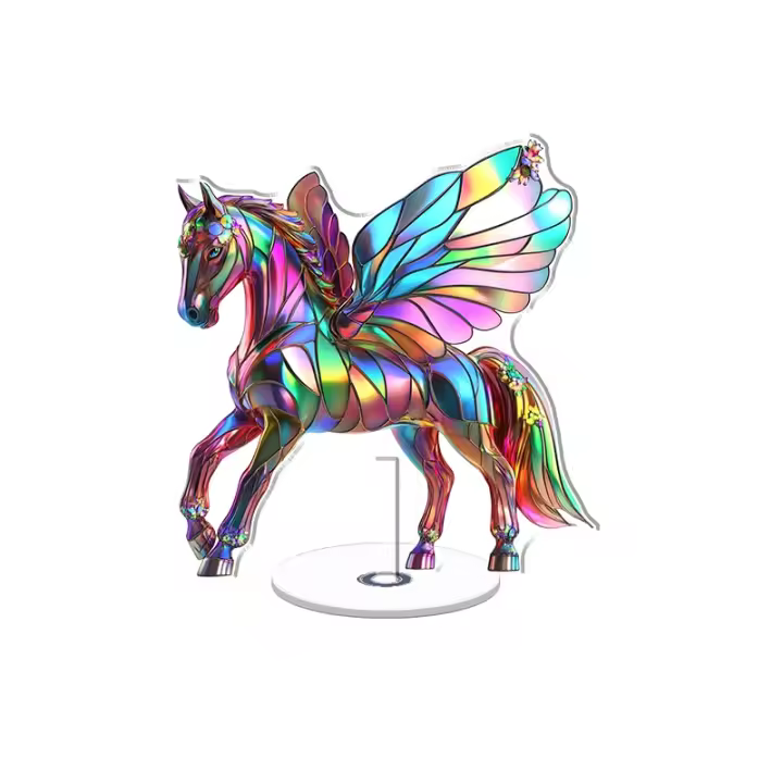 El adorno acrílico giratorio presenta un vibrante caballo arcoíris con alas y una capa rodeada de flores de cerezo sobre un fondo blanco. - 1