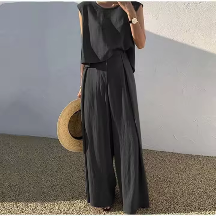 Conjunto de dos piezas de algodón para mujer, Tops informales sin mangas, pantalones de piernas anchas holgados, primavera y verano, 2024 - 1