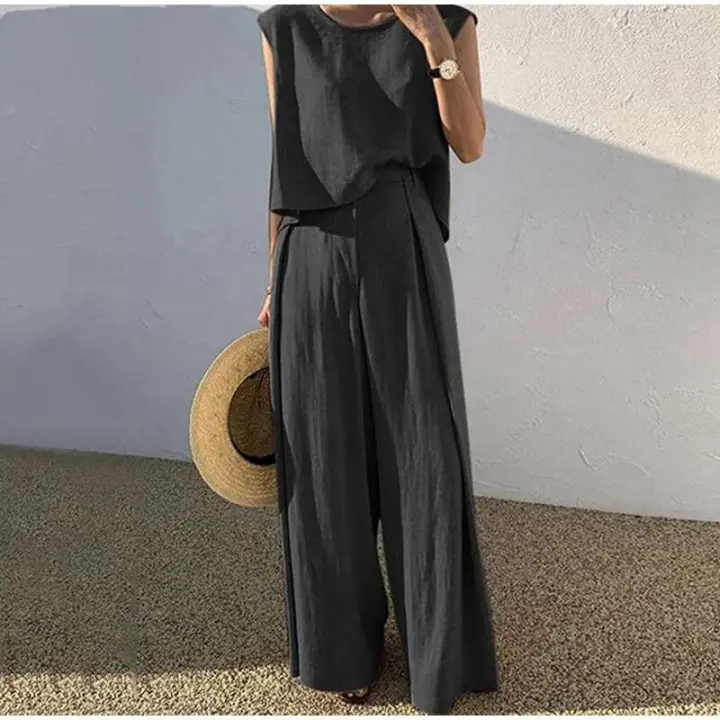 Conjunto de dos piezas de algodón para mujer, Tops informales sin mangas, pantalones de piernas anchas holgados, primavera y verano, 2024 - 1