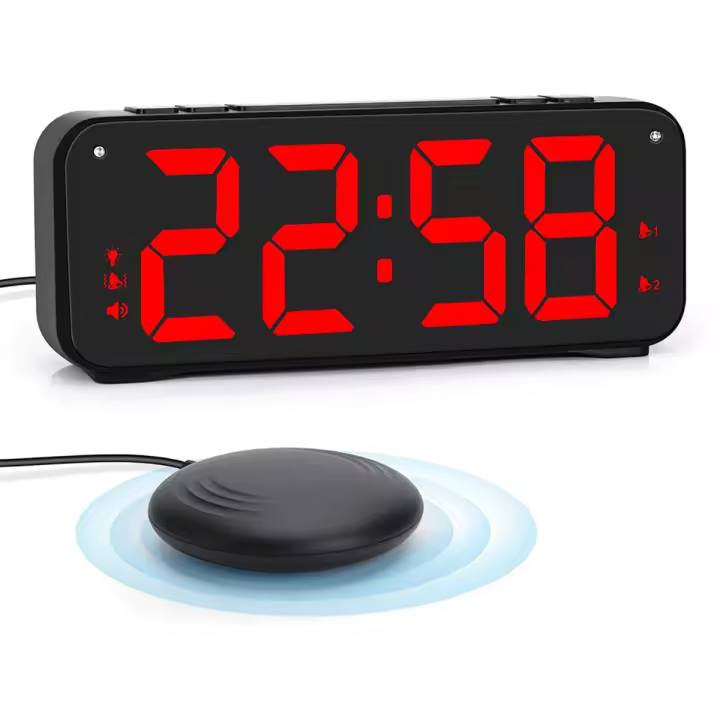 Reloj despertador ruidoso para adultos que duermen mucho, reloj despertador doble con agitador de cama, para dormitorios, pantalla grande de 6,5 pulgadas con atenuador - 1