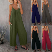 Mono informal de verano sin mangas con pernera ancha para mujer, pantalones de color liso con peto, mono culotte con bolsillos - details 0