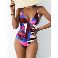 Bañador estampado de flores para mujer, traje de baño de 1 pieza Sexy, cerrado, azul, Push up, Vintage, para playa y piscina - details 1
