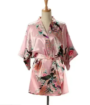 Kimono japonés con estampado de pavo real para mujer, ropa de dormir de estilo corto de satén de seda, camisón de casa, bata de baño, disfraz - 1