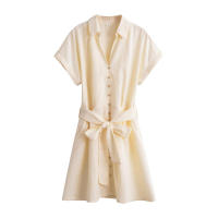 Vestido casual de verano para mujer, con botones, cinturón, manga corta, cuello de solapa, línea A, mini, para oficina. - details 0
