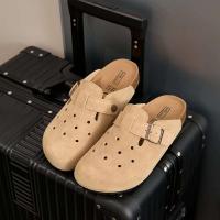 Bloque de madera para mujer, piel de vacuno, mula, cama de suela suave y gruesa, sandalias de exterior, zapatillas de mujer - details 0