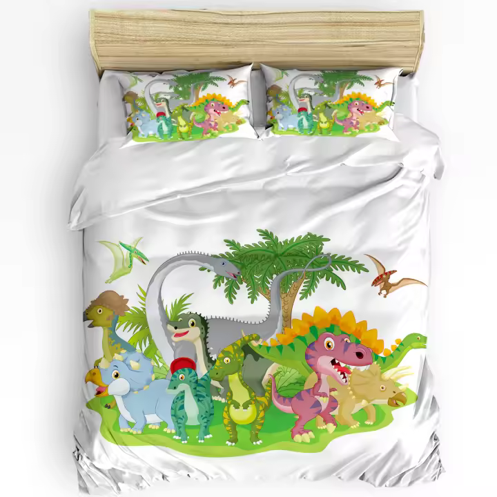 Juego de Cubiertas de Ropa de Cama con Dinosaurio de Dibujos Animados Lindos 3pcs Funda de Edredón y Funda de Almohada para Niño Niña Adolescente Hogar Kawaii - 1