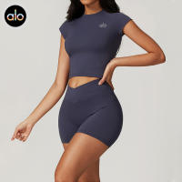 Alo yoga manga corta cuello redondo manga pequeña de vuelo running fitness manga corta deporte camiseta mujer skinness ropa de yoga de secado rápido - details 2