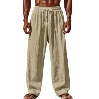 2025 nuevos pantalones casuales de algodón y lino para hombres pantalones de pierna recta simples y cómodos cordón en la cintura de talla grande más sueltos - details 1