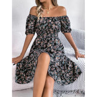 Primavera Verano 2025 Europeo y Americano Floral Cuello Cuadrado Manga Corta Cintura con Volantes Falda Línea A - details 36