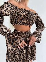 Conjunto de Pijama de Patrón de Leopardo para Mujeres Marthaqiqi Cuello Redondo Barco, Manga Larga, Shorts, Camisola - details 1
