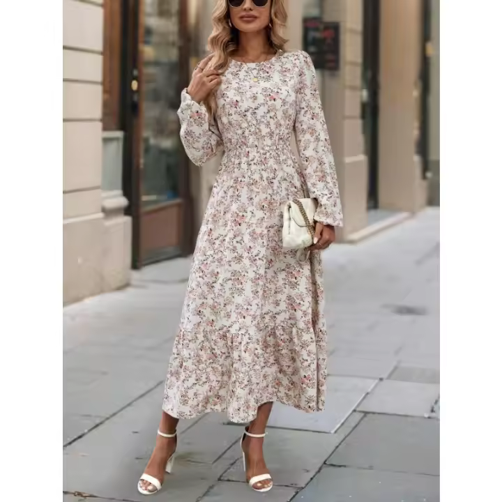 Otoño e Invierno nuevo vestido estampado de cuello redondo de manga larga con borde de volantes para mujer - 1