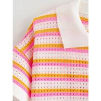 Top elegante de media manga con solapa para mujer, conjunto corto de cintura alta, camisa con estampado de rayas, pantalones cortos, traje a rayas a la moda para mujer - details 5