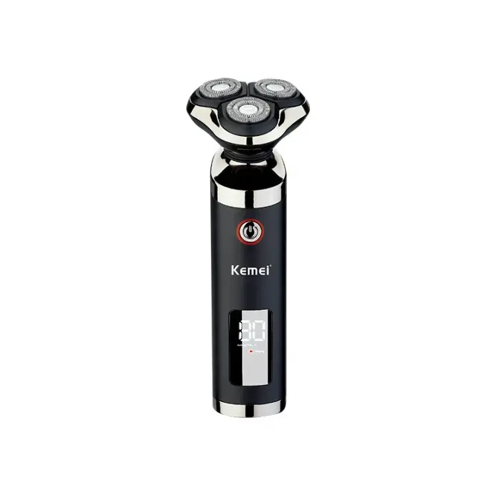Kemei-Afeitadora eléctrica recargable por USB para hombre, máquina de afeitar con 3 cuchillas rotativas para Barba, en seco y húmedo, resistente al agua, con pantalla LCD - 1
