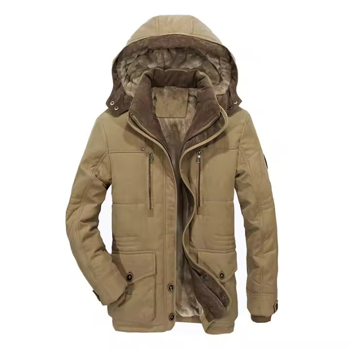 Cortavientos informal para hombre, chaqueta de lana gruesa con elegante sombrero desmontable, color sólido, resistente al viento, chaqueta cálida, invierno, 2024 - 1