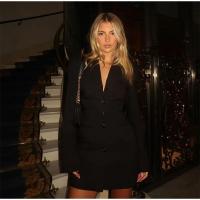 Minivestido Blazer negro a la moda para mujer, vestido elegante de cintura alta con cuello de pico y manga larga con una hilera de botones, Vestidos de viaje para mujer 2024 - details 18