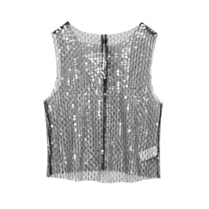OUWU- Chaleco de lentejuelas para mujer, top corto sin mangas, top elegante, tops cortos translúcidos sin mangas, chaleco elegante 2025 - 1