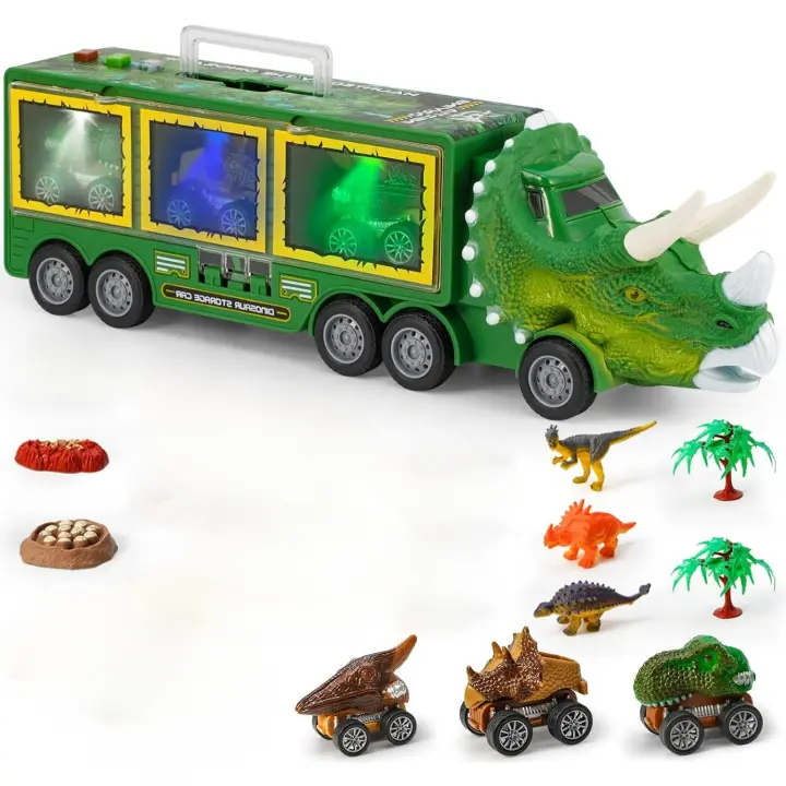 Dinosaur Toys for kids Transporter Truck with 3 Sounds and Cool light, Dinosaur Transporter Toy Set includes 3 Dinosaur Figures - 1