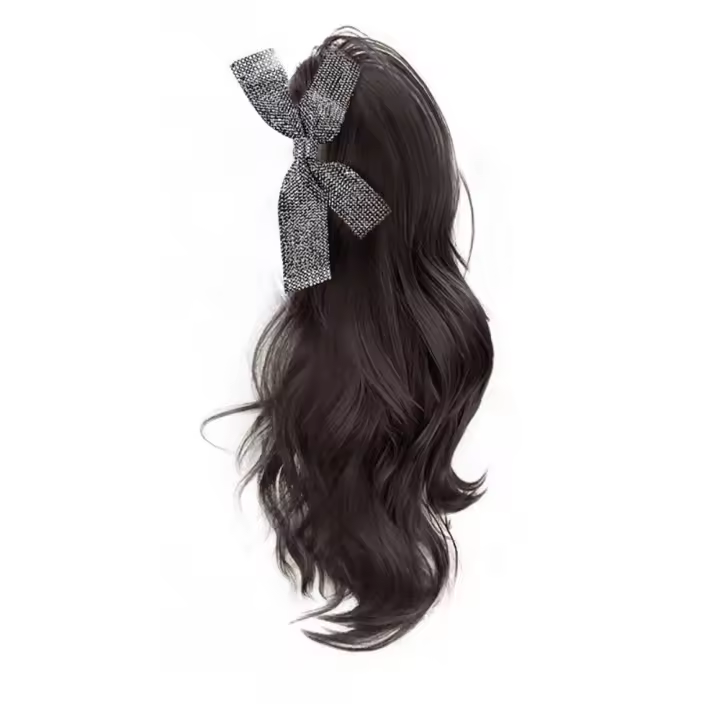 Peluca con cola de caballo con lazo negro y diamantes de imitación, extensión de cabello sintético, cola de caballo rizada y ondulada larga, peluca de cola de poni falsa esponjosa para uso diario - 1