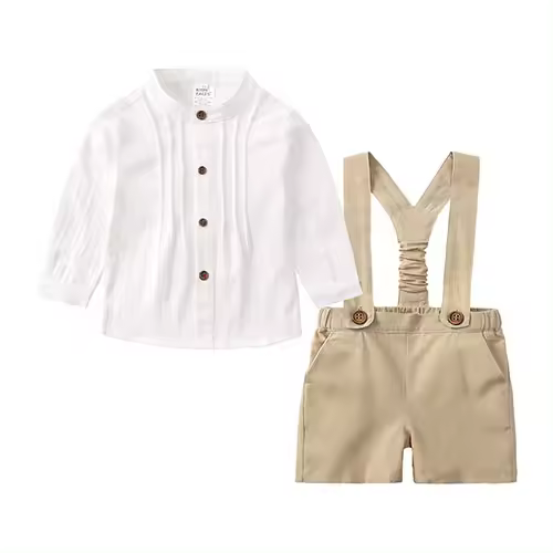 Nueva ropa de caballero para bebés y niños pequeños, conjuntos de 2 piezas de algodón y lino con cuello levantado, camisas de manga larga + pantalones cortos con tirantes, traje para niños - 1