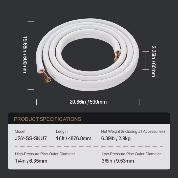 SucceBuy Juego de mini líneas divididas de 4876,8 mm, tubos de cobre de 6,4 y 12,7 mm de diámetro exterior con aislamiento de triple capa, para bomba de CA/calentamiento y HVAC, incluye cable de conexión de 18 pies y accesorios - 1