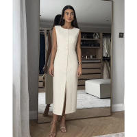 BUNO-Vestido elegante sin mangas con botones, cinturones para mujer, sin mangas, cuello redondo, ajustado, liso, vestidos de primavera 2025, bata dividida para ir al trabajo en la calle - details 9