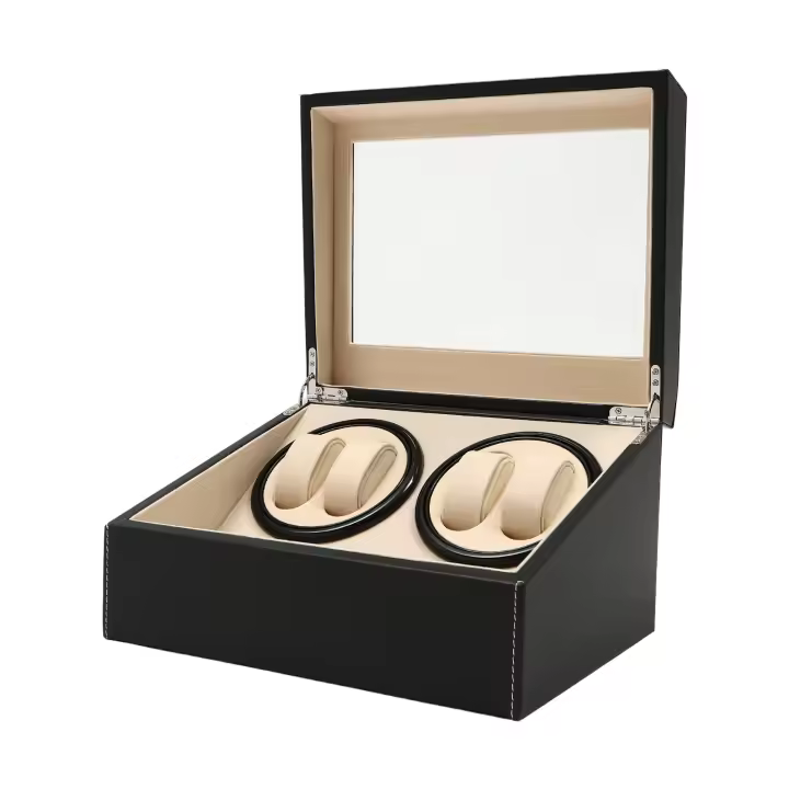 Caja de exhibición enrolladora de reloj de cuero PU, almacenamiento de rotación automática, caja de madera, cuero Pu, cuentas de Cachemira, nuevo, 4 + 6, 12 "X 9" X 7" - 1