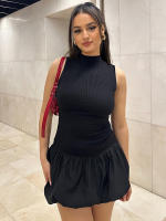 Vestido Mini Dulzura Ribbed Sin Mangas Patchwork Bollo Sólido Espalda Descubierta Cálido Club Streetwear Para Mujer - details 38