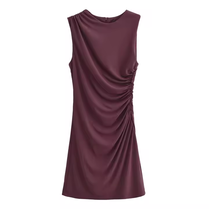 Mini vestido elegante de verano con cuello redondo y sin mangas, decoración informal plisada, vestidos cortos en la espalda para mujer - 1