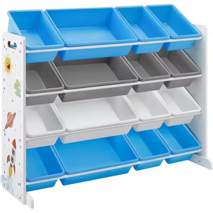 Estantería de Juguetes, Organizador de Juguetes de 4 Niveles para niños con 16 Cubos de plástico, para la habitación Infantil, Sala de Juegos, Blanco, Azul y Gris, Navidad, GKR070W03 - 1