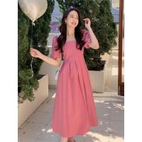 Vestido rosa elegante de verano a la moda con cuello cuadrado y manga abombada, Vestidos femeninos con volantes, vestido de fiesta de cintura alta de Corea, Vestidos para mujer - details 5