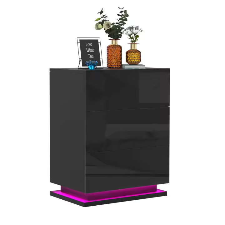 Rcynview Mesa de Noche - Estilo Nórdico - Negro - Luces LED - 3 Cajones - Ideal para Dormitorio Sala de Estar - 1