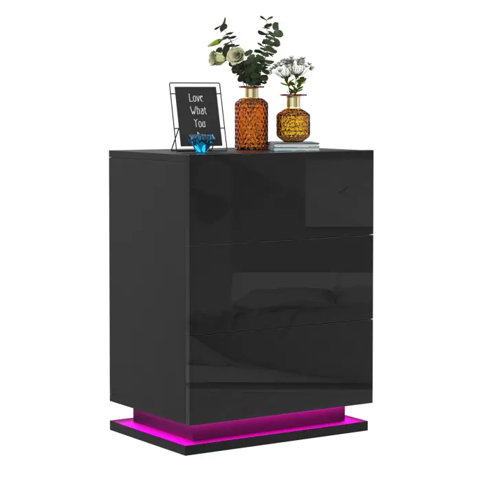 Rcynview Mesa de Noche - Estilo Nórdico - Negro - Luces LED - 3 Cajones - Ideal para Dormitorio Sala de Estar - 1
