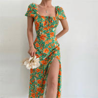 Vestido de mujer, novedad de verano 2025, vacaciones, pausa para el té, cuello cuadrado, falda de longitud media, mangas de burbuja, vestido con abertura Floral francés - details 28