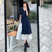 Diseño sentido falso dos piezas de temperamento artístico vestido camisero con cuello en V falda larga de cintura suave francesa de verano para mujer - details 22