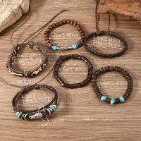 Conjunto de 6 pulseras boho madera cuentas vintage cabeza de toro ojos plumas multicapa artesanales regalos para hombre - details 14
