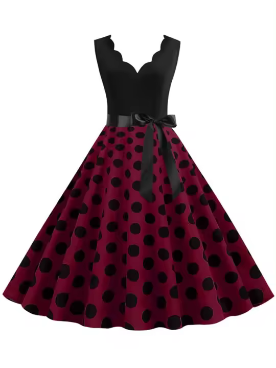 Vestido acampanado informal con mangas y estampado de puntos para mujer, elegante, vintage, para fiesta - 1