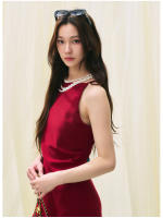 Vestido Largo de Verano Shengdu Elegante Corte de Diagonal Rojo, Pliegues y Estilo Socialité Francés de Alta Gama - details 10