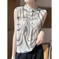 Camiseta sin mangas con cuello con volantes y estampado de tela de punto para mujer, camiseta sin mangas estilo camisa, camisetas finas y frescas suaves para verano, camisola sin mangas - details 1