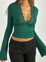 Camiseta tejida con cinta Ence para mujer, blusas estéticas Y2k de manga larga con cuello en V profundo, ropa de calle - details 3