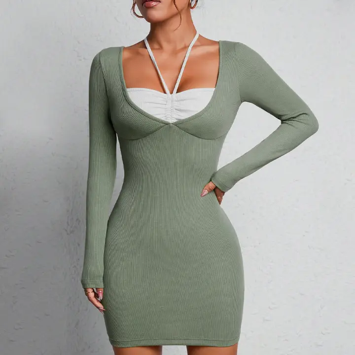 Vestido de manga larga de cuello cuadrado de mujer con tirantes de cabeza y falda corta de cintura media - 1