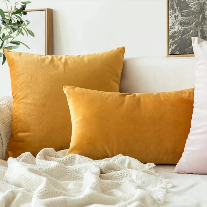 2 Fundas de Almohada de Terciopelo Suave Diseño Sólido Amarillo Limón Ideal para Decoración de Hogar - 1