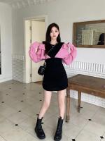 Vestido de manga larga de dos piezas falso empalmado, falda corta ajustada con hombros descubiertos y nicho de otoño - details 10