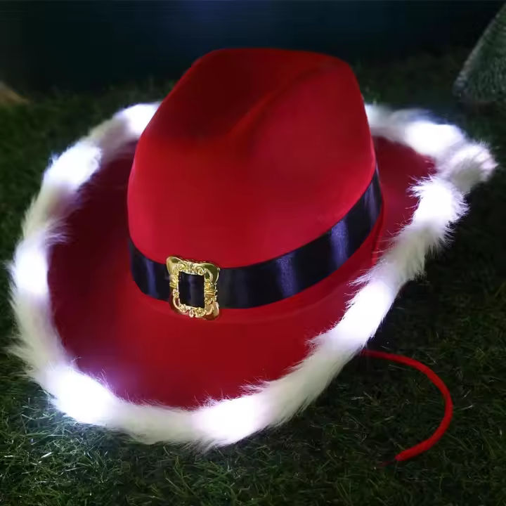 Sombrero de vaquero luminoso de Papá Noel para hombre y mujer, gorro de ala ancha de fieltro rojo occidental para fiesta de Navidad, Jazz - 1