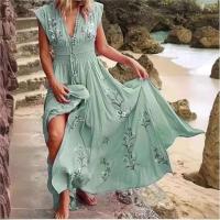 Nuevo vestido largo de verano para mujer con escote en V profundo y estampado bohemio para playa, sin mangas, de cintura alta, para vacaciones - details 1