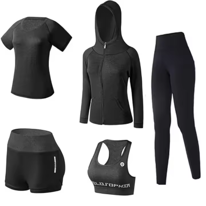 Conjunto de cinco piezas de yoga, chaqueta deportiva, blusa de fitness ajustada para mujer de manga larga, carrera seca y autocultivo con cremallera para yoga - 1