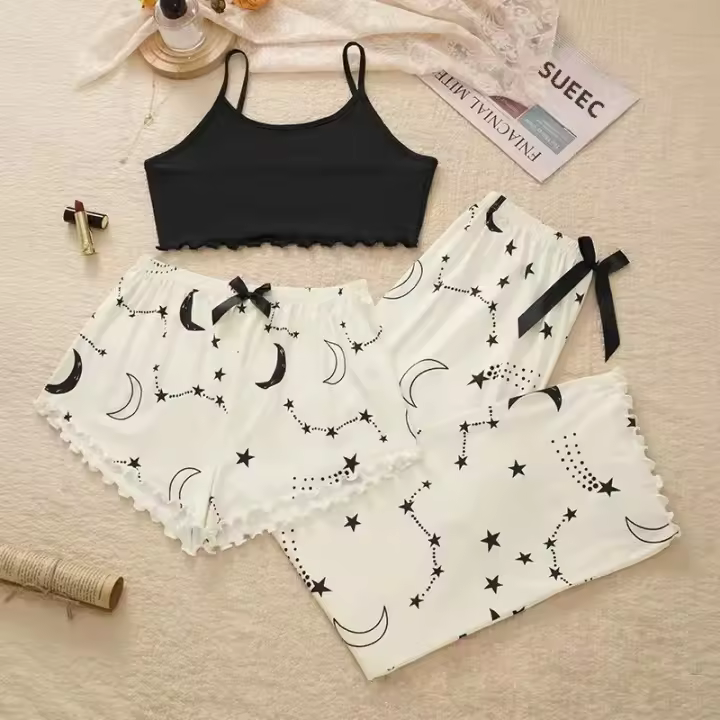 Conjunto de Pijamas de Verano de Seda con Estampado de Moda Camisola y Pantalones Largos Shorts para Mujer sin Mangas Cuello Spaghetti - 1