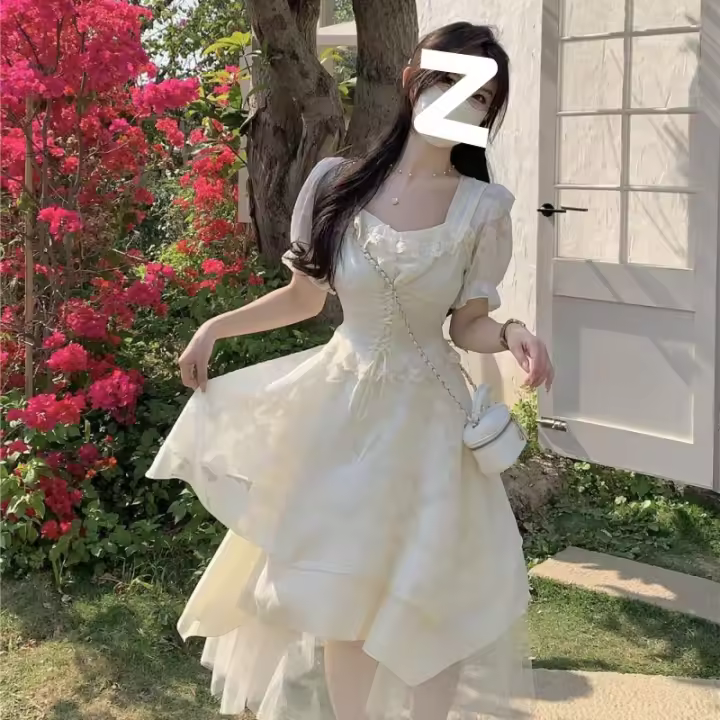 Vestido de manga corta con cuello cuadrado estilo socialité francés para mujer en verano de 2025, con cintura delgada y un sentido de princesa - 1