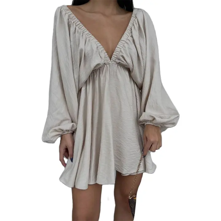 Moda casual para mujer, manga larga con cuello en V, manga mullida. - 1