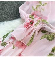 Elegante vestido midi de manga larga con corte en A y falda plisada, cintura ceñida, dobladillo de gasa, estampado floral coreano Sle Commute - details 9