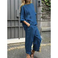 Conjunto de verano de 2 piezas para mujer, talla grande, camisa de lino y algodón, traje con pantalones largos holgados a la cintura - details 5